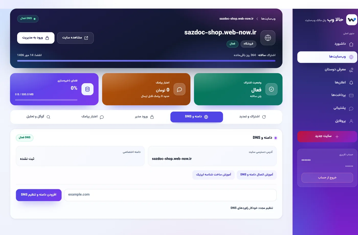 بخش «دامنه و DNS» در پنل کاربری؛ جای وارد کردن دامنه اختصاصی
